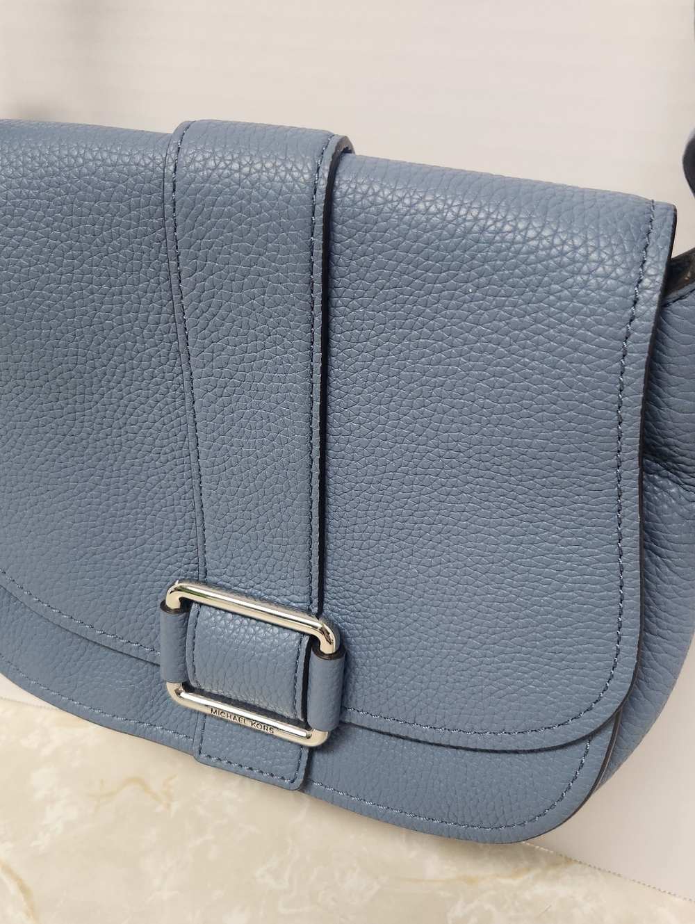 Michael Kors Maxine Saddle Bag Blue Pebble Purse
